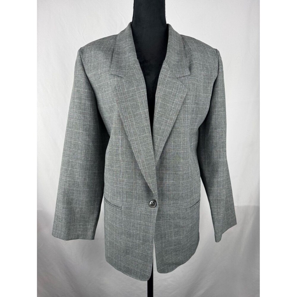 ALFRED SUNG Women's Gray Plaid Single-Button Blazer